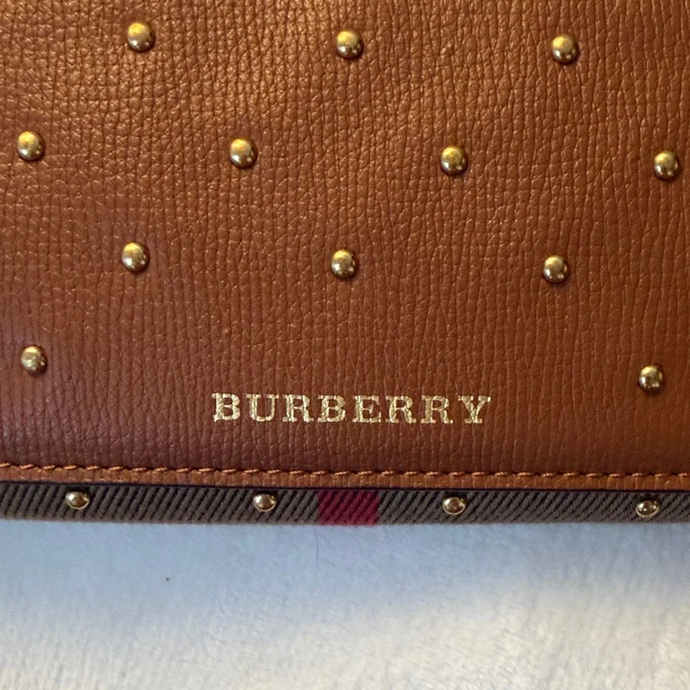 Burberry Brown Leather Studded Continental Wallet with Nova Check Trim